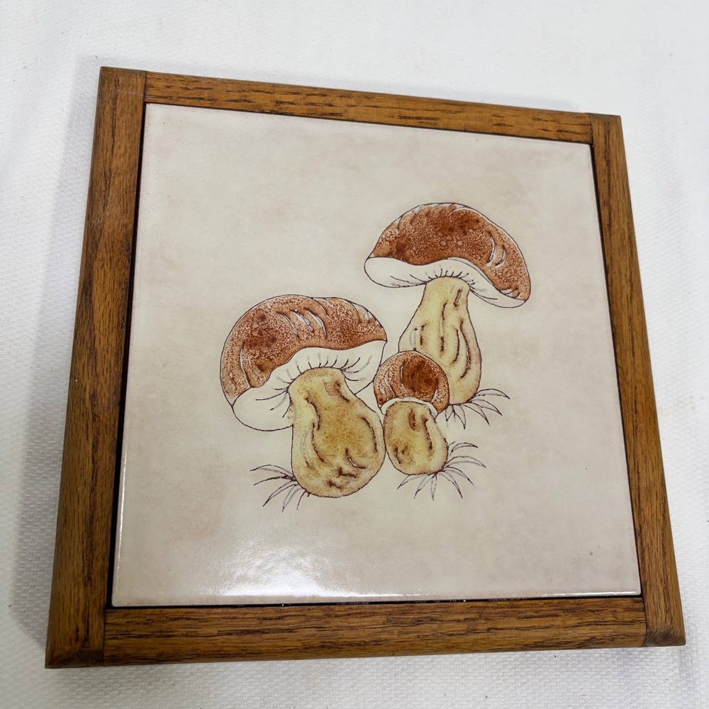 Vintage Framed Mushroom Ceramic Tile Wood Frame 9x9 Wall Art Kitchen Decor